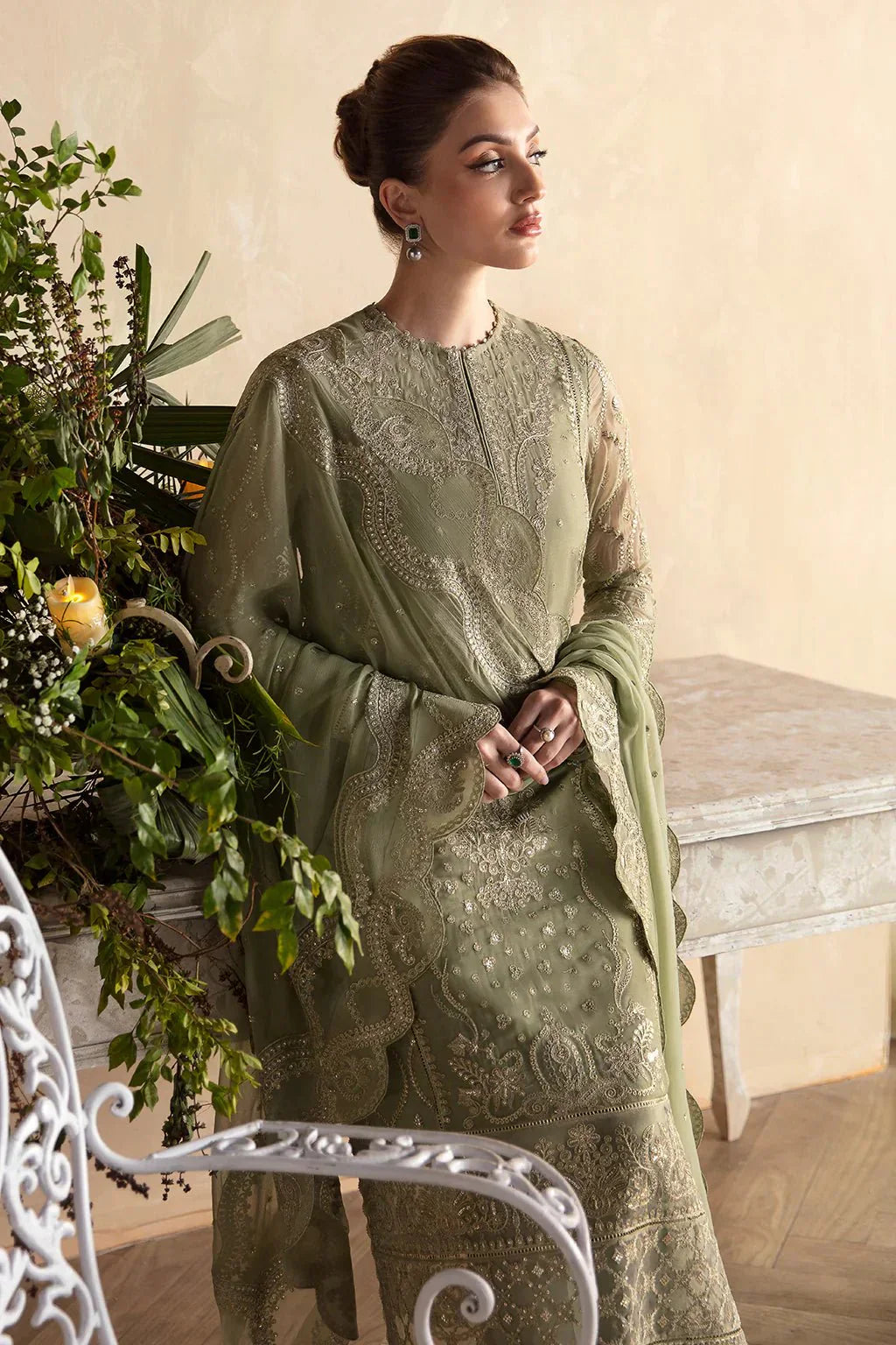 Afrozeh La Fuchsia 24 Cassia – Apple Green Pakistani Dress with intricate embroidery and embellishments. Shop elegant Asian dresses at Maria Faisal.