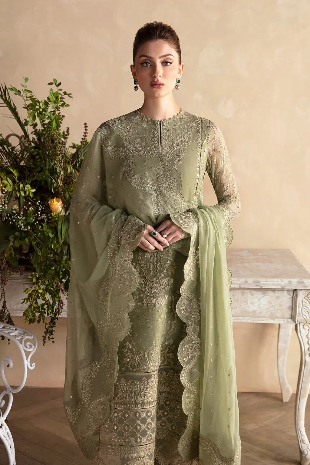 Afrozeh La Fuchsia 24 Cassia – Apple Green Pakistani Dress with intricate embroidery and embellishments. Shop elegant Asian dresses at Maria Faisal.