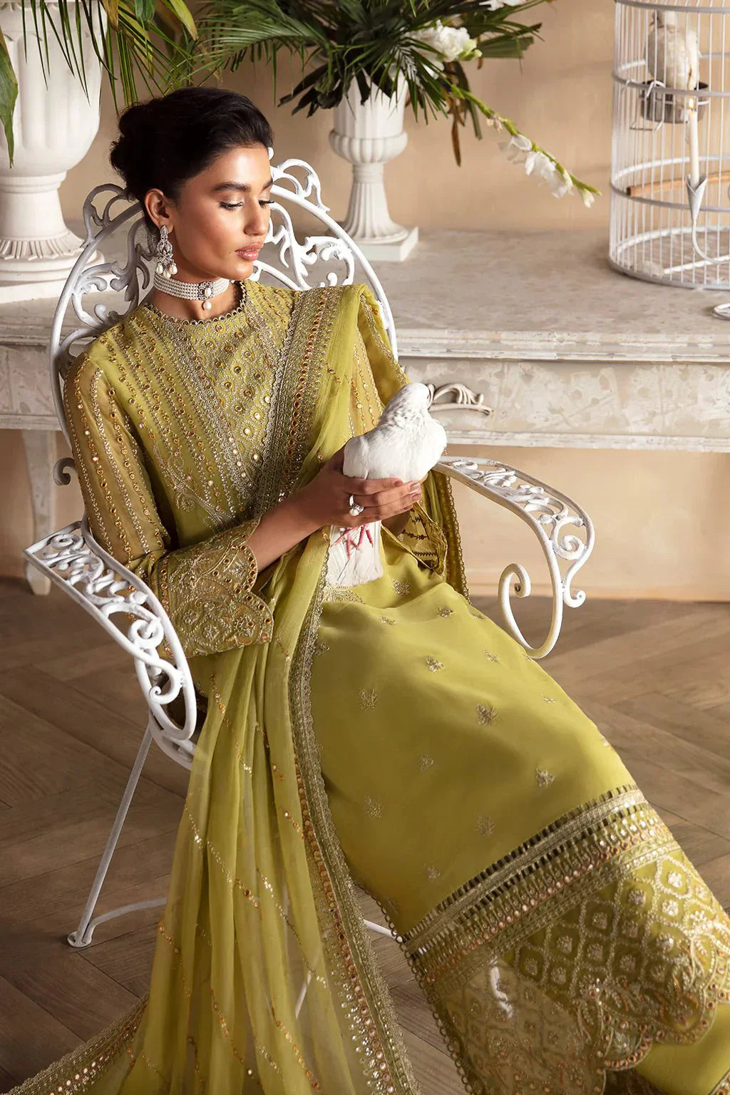 Afrozeh La Fuchsia 24 Diora – Lime Green Pakistani Dress with intricate embroidery and embellishments. Shop elegant Asian dresses at Maria Faisal.