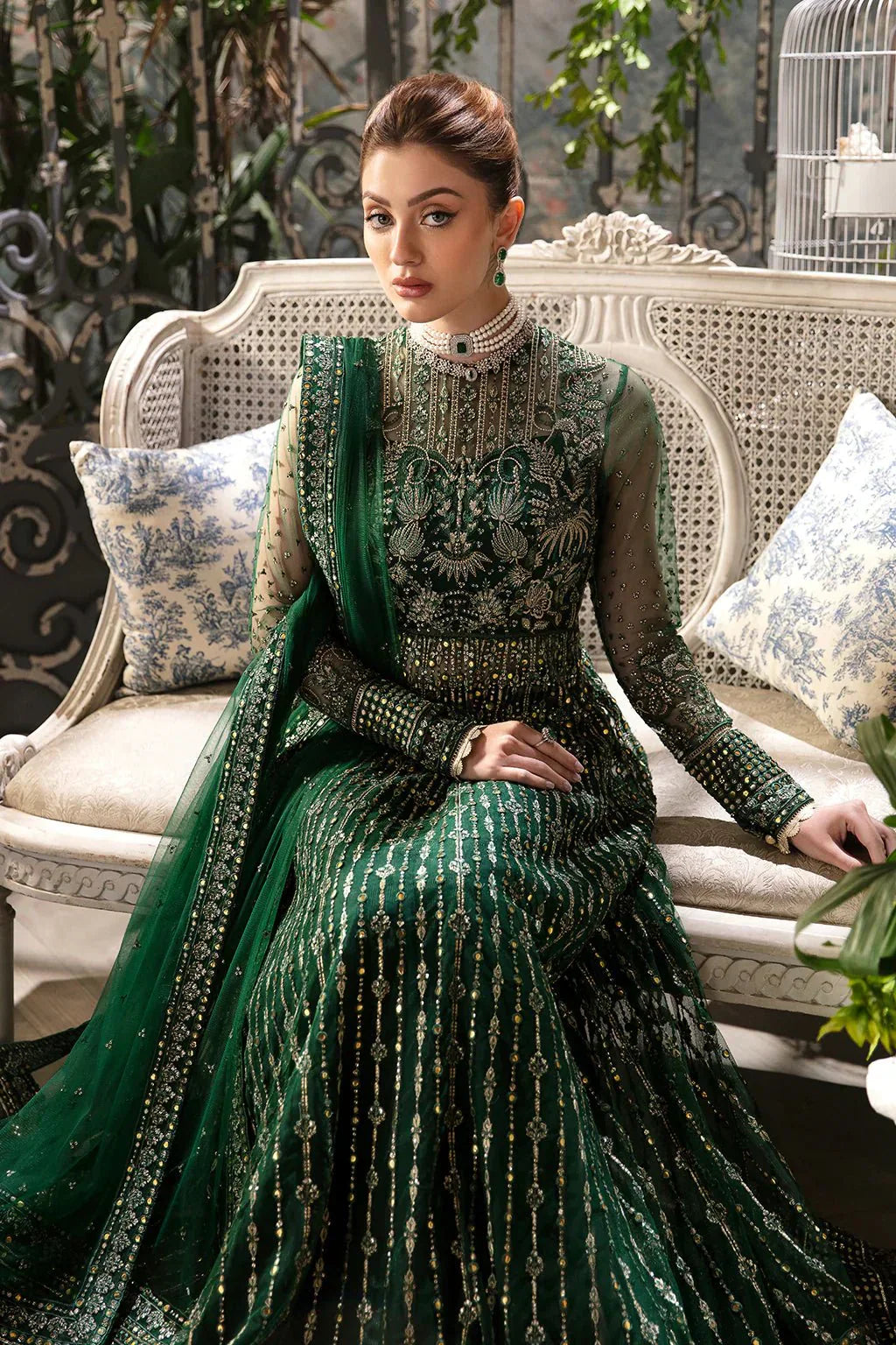 Afrozeh La Fuchsia 24 Fiora – Bottle Green Pakistani Dress with intricate embroidery and embellishments. Shop elegant Asian dresses at Maria Faisal.