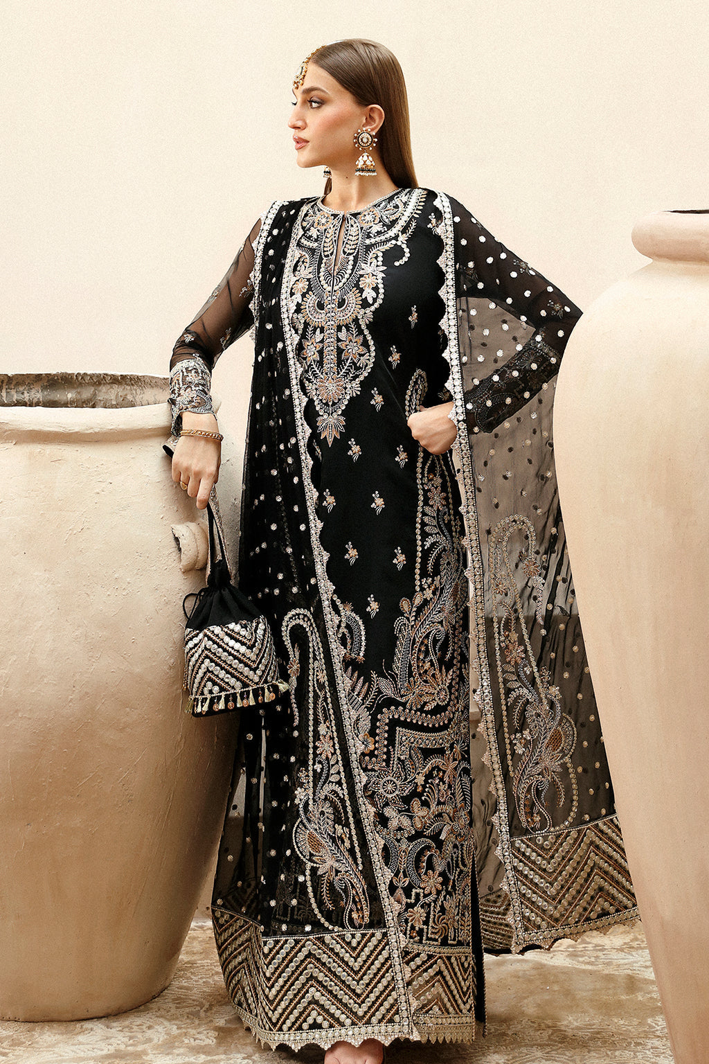 Afrozeh Shehnai Wedding Formals 24 Reshma - Black Pakistani Dress with intricate embroidery and embellishments. Shop elegant Asian dresses at Maria Faisal.