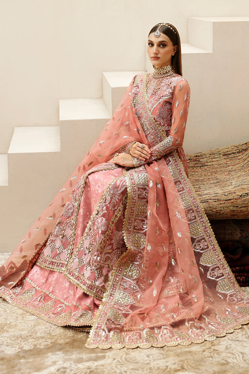 Afrozeh Shehnai Wedding Formals 24 Shahpara - Tea Pink Pakistani Dress with intricate embroidery and embellishments. Shop elegant Asian dresses at Maria Faisal.