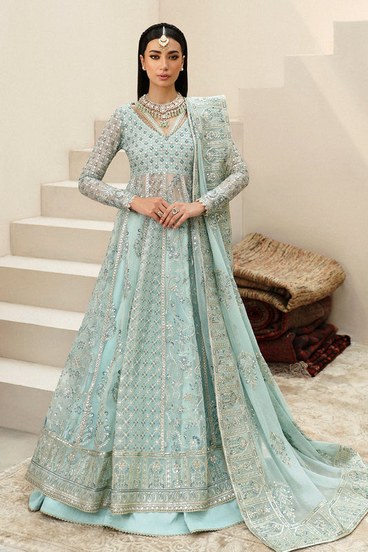 Afrozeh Shehnai Wedding Formals 24 Tazmeen - Ice Blue Pakistani Dress with intricate embroidery and embellishments. Shop elegant Asian dresses at Maria Faisal.