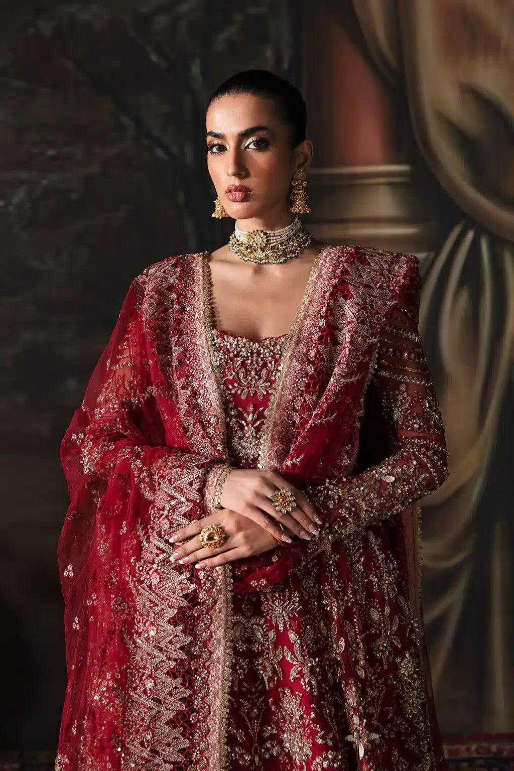 Afrozeh The Brides Edit 23 Adelaide – Brick Red Pakistani Bridal Dress with intricate embroidery and embellishments. Shop elegant Asian dresses at Maria Faisal.