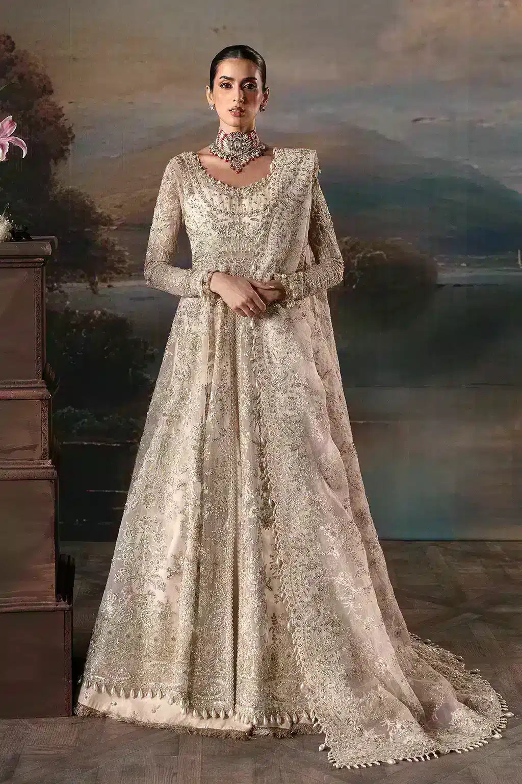 Afrozeh The Brides Edit 23 Clara – Pink Pakistani Bridal Dress with intricate embroidery and embellishments. Shop elegant Asian dresses at Maria Faisal.