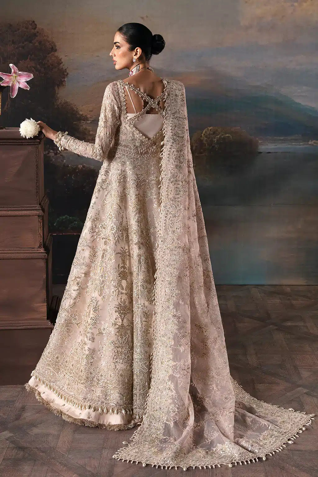 Afrozeh The Brides Edit 23 Clara – Pink Pakistani Bridal Dress with intricate embroidery and embellishments. Shop elegant Asian dresses at Maria Faisal.