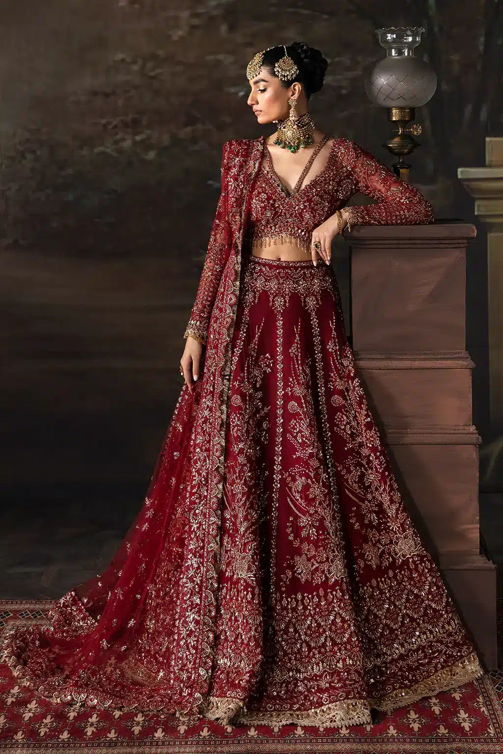 Afrozeh The Brides Edit 23 Emmaine – Maroon Pakistani Bridal Dress with intricate embroidery and embellishments. Shop elegant Asian dresses at Maria Faisal.