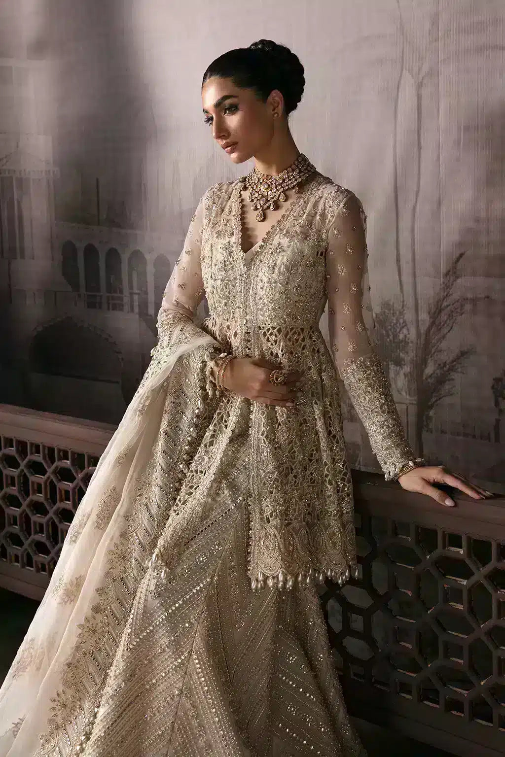 Afrozeh The Brides Edit 23 Helena – Off White Pakistani Bridal Dress with intricate embroidery and embellishments. Shop elegant Asian dresses at Maria Faisal.