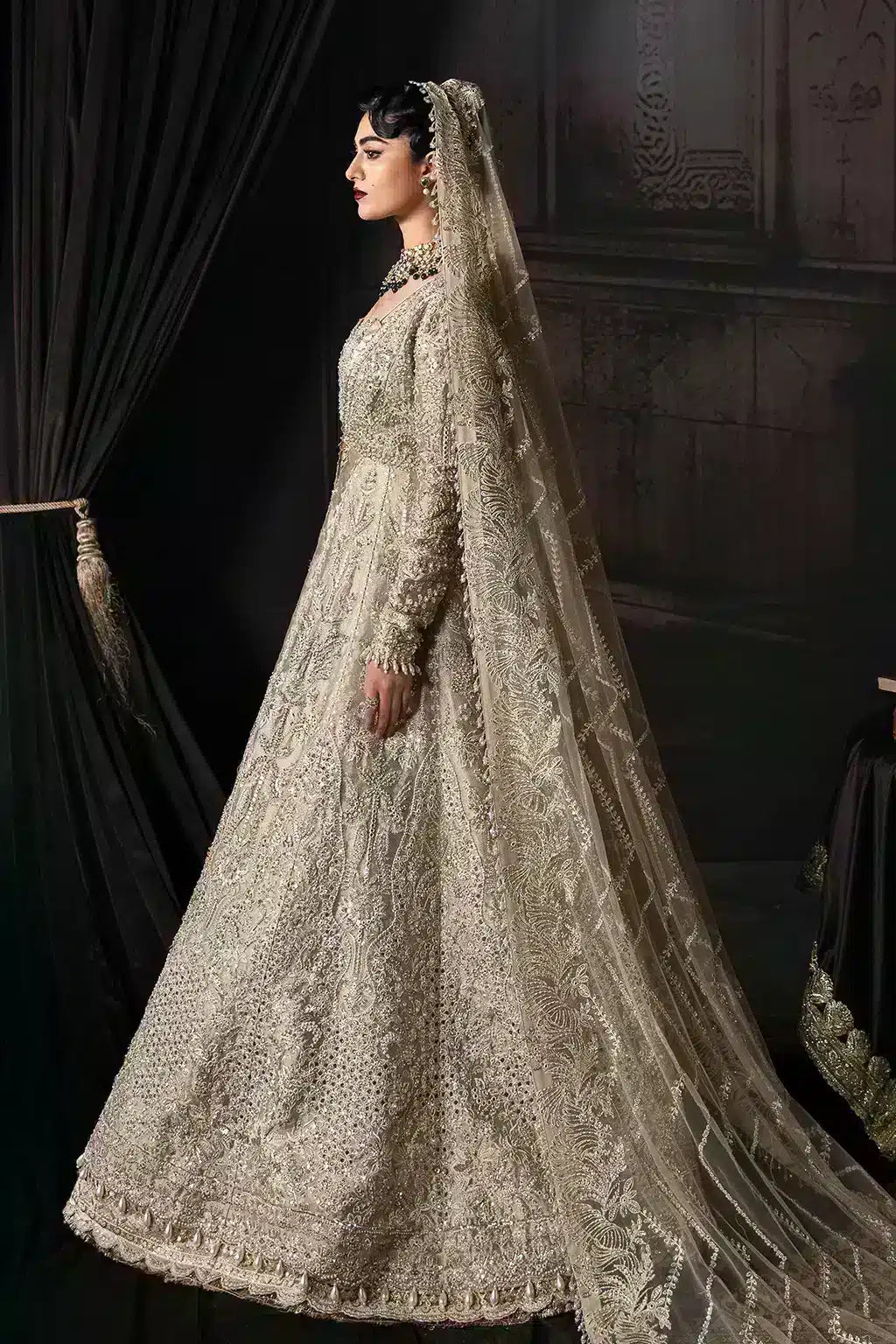 Afrozeh The Brides Edit 23 Margaret – Golden Pakistani Bridal Dress with intricate embroidery and embellishments. Shop elegant Asian dresses at Maria Faisal.