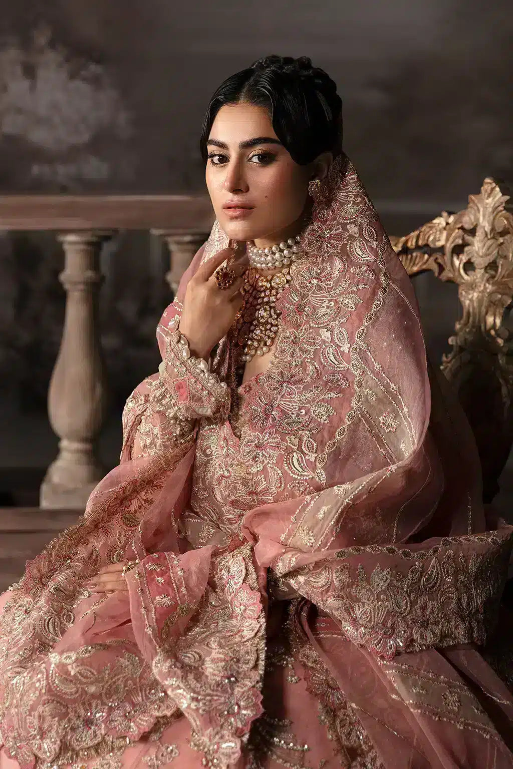Afrozeh The Brides Edit 23 Victoria – Tea Pink Pakistani Bridal Dress with intricate embroidery and embellishments. Shop elegant Asian dresses at Maria Faisal.