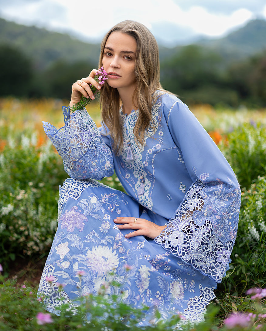 Mushq | Hemline the Secret Garden | Azure Bloom - Luxury Dress - available at Maria Faisal in UK and USA.