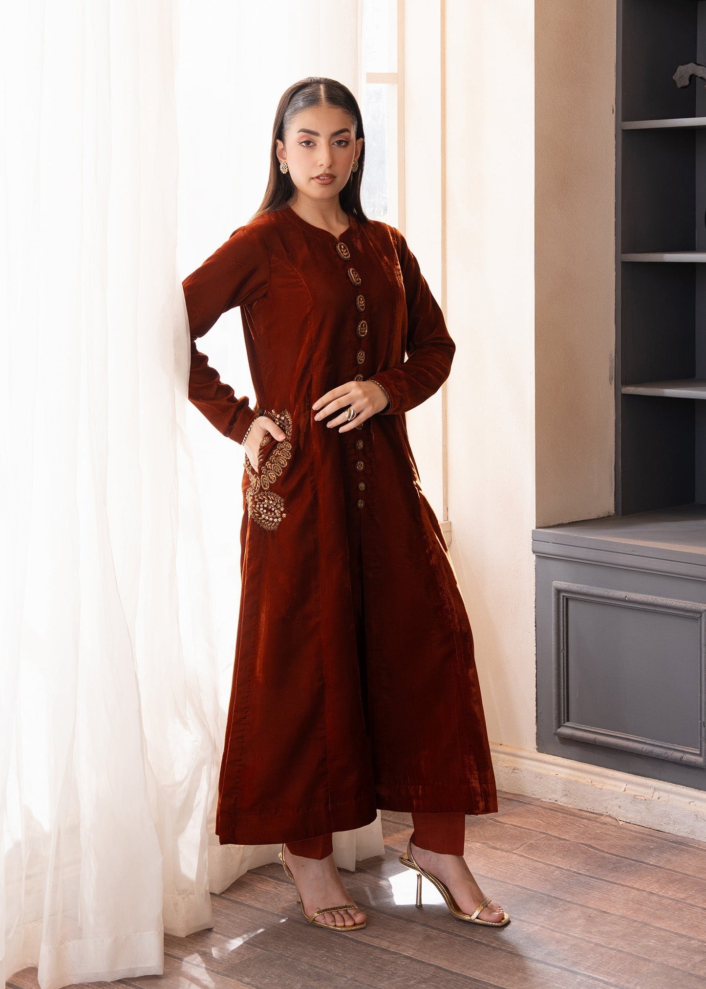 Fozia Khalid | The Velvet Rise 25 | MOCHA LUXE - Formal Dress - available at Maria Faisal in UK and USA.