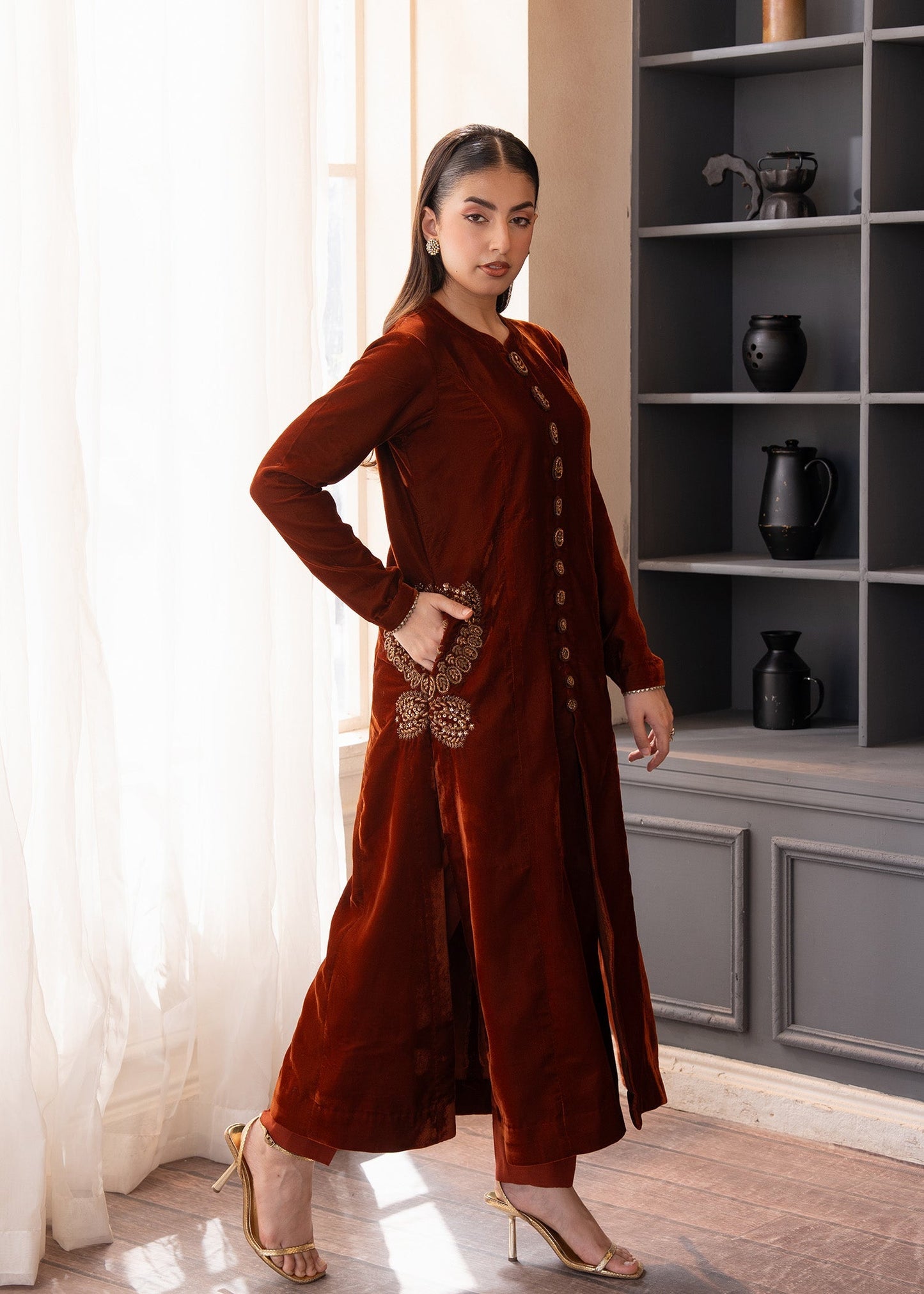 Fozia Khalid | The Velvet Rise 25 | MOCHA LUXE - Formal Dress - available at Maria Faisal in UK and USA.