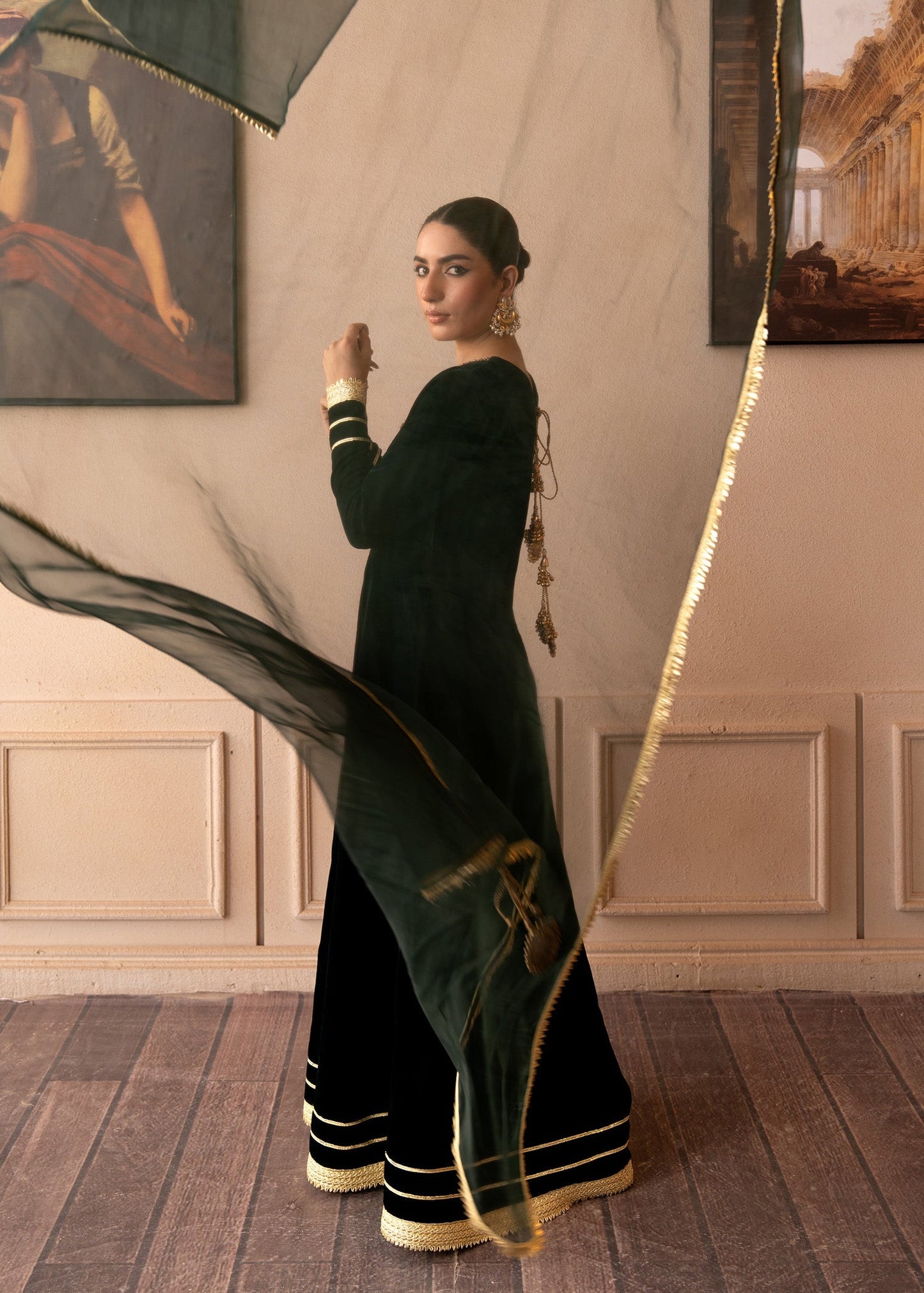 Fozia Khalid | The Velvet Rise 25 | EMERALD VEIL - Formal Dress - available at Maria Faisal in UK and USA.