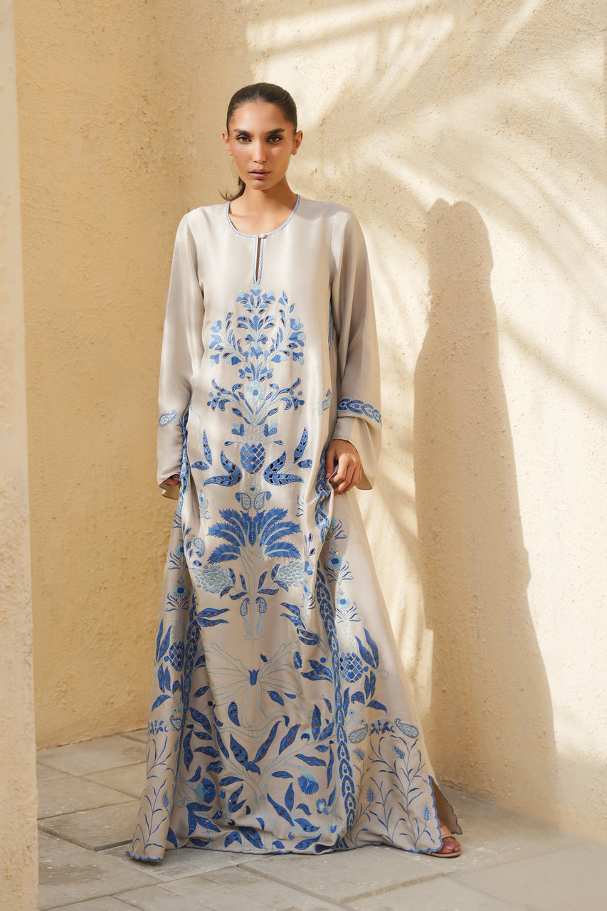 Soft Gray Embroidered Khaddi Silk Kaftan - Sania Maskatiya | Eid ul Adha Edit | Leyl
