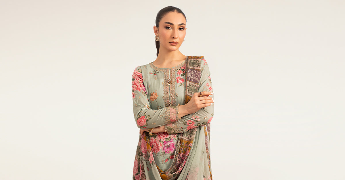 Maria B | Luxury Pret Pre Fall | DW-PF26-10-Green - Luxury Dress - available at Maria Faisal in UK and USA.
