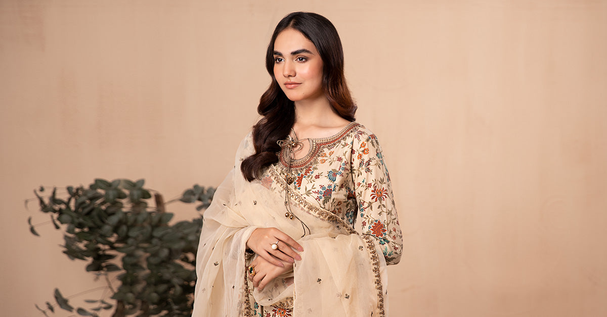 Maria B | Eid Collection 2026 | Dw-Ea24-42R1-Printed Off White - Luxury Dress - available at Maria Faisal in UK and USA.