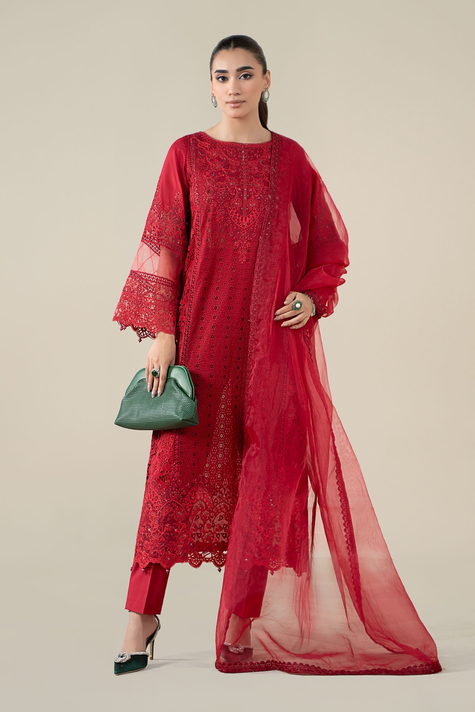 Maria B | Pre Fall Dresses | 3 Piece Embroidered Lawn Suit Red - Ladies Clothes - Maria Faisal