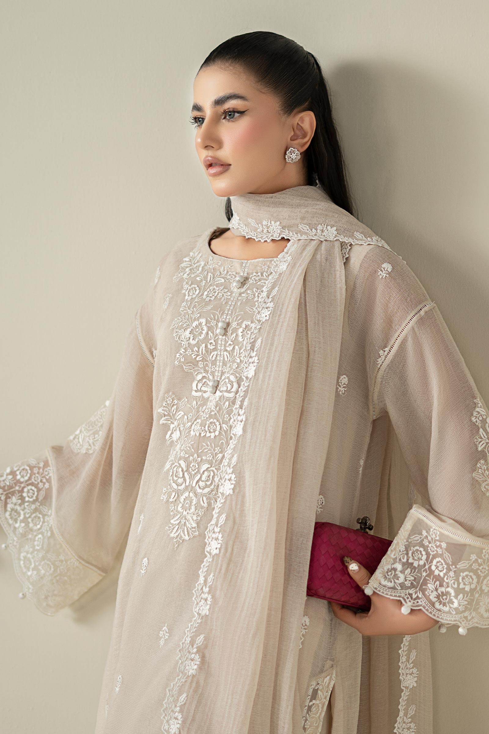Maria B | Pre Fall Dresses | 3 Piece Embroidered Cotton Net Suit QQ - Ladies Clothes - Maria Faisal
