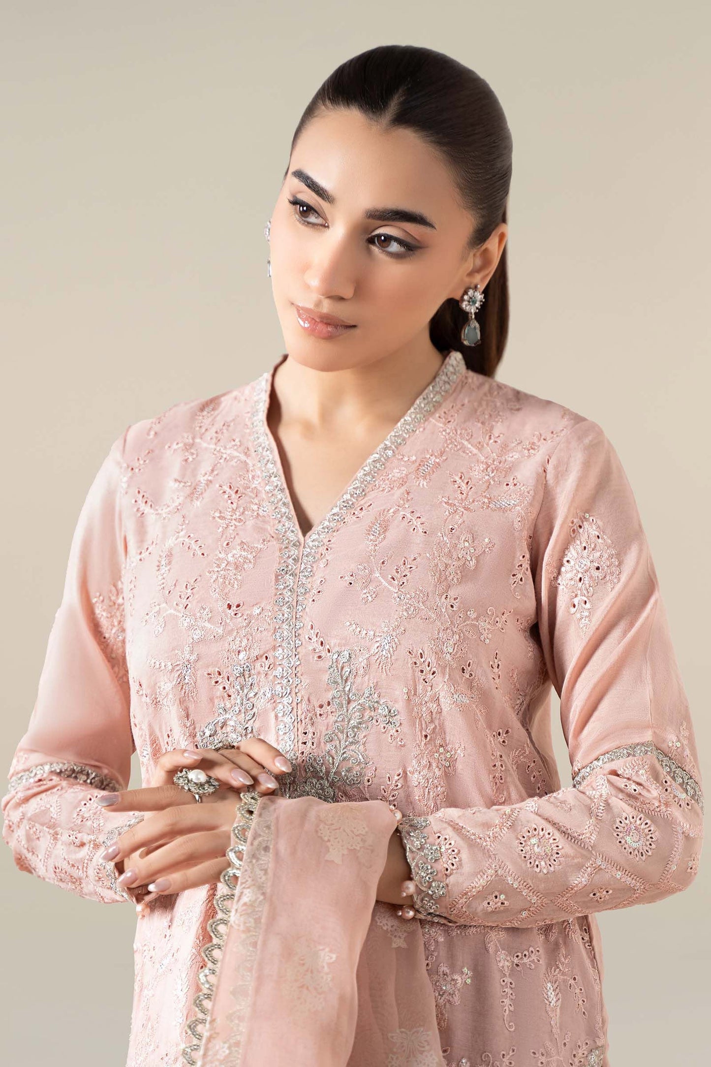 Maria B | Pre Fall Dresses | 3 Piece Embroidered Paper Cotton Suit Pink - Ladies Clothes - Maria Faisal