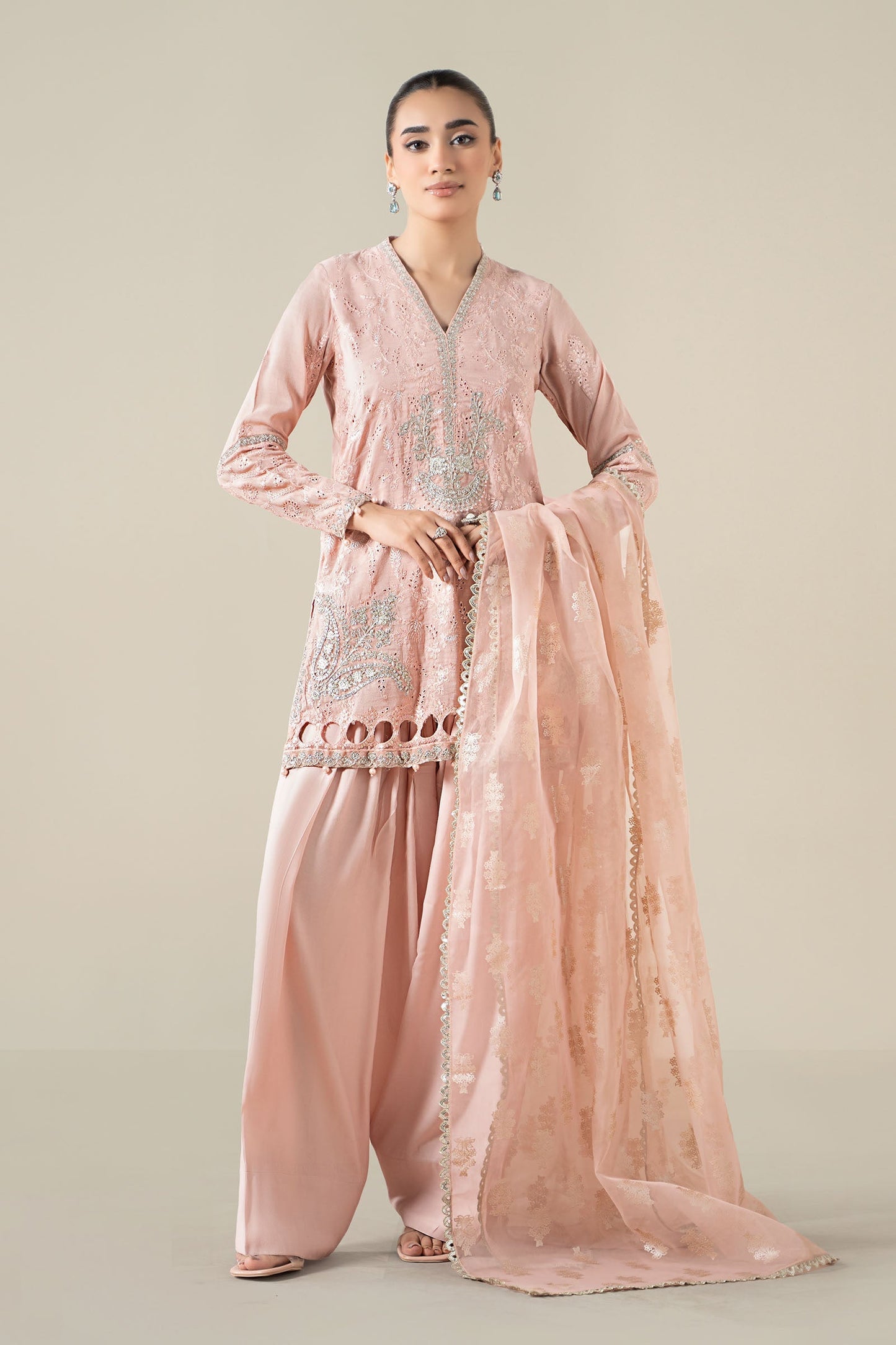 Maria B | Pre Fall Dresses | 3 Piece Embroidered Paper Cotton Suit Pink - Ladies Clothes - Maria Faisal