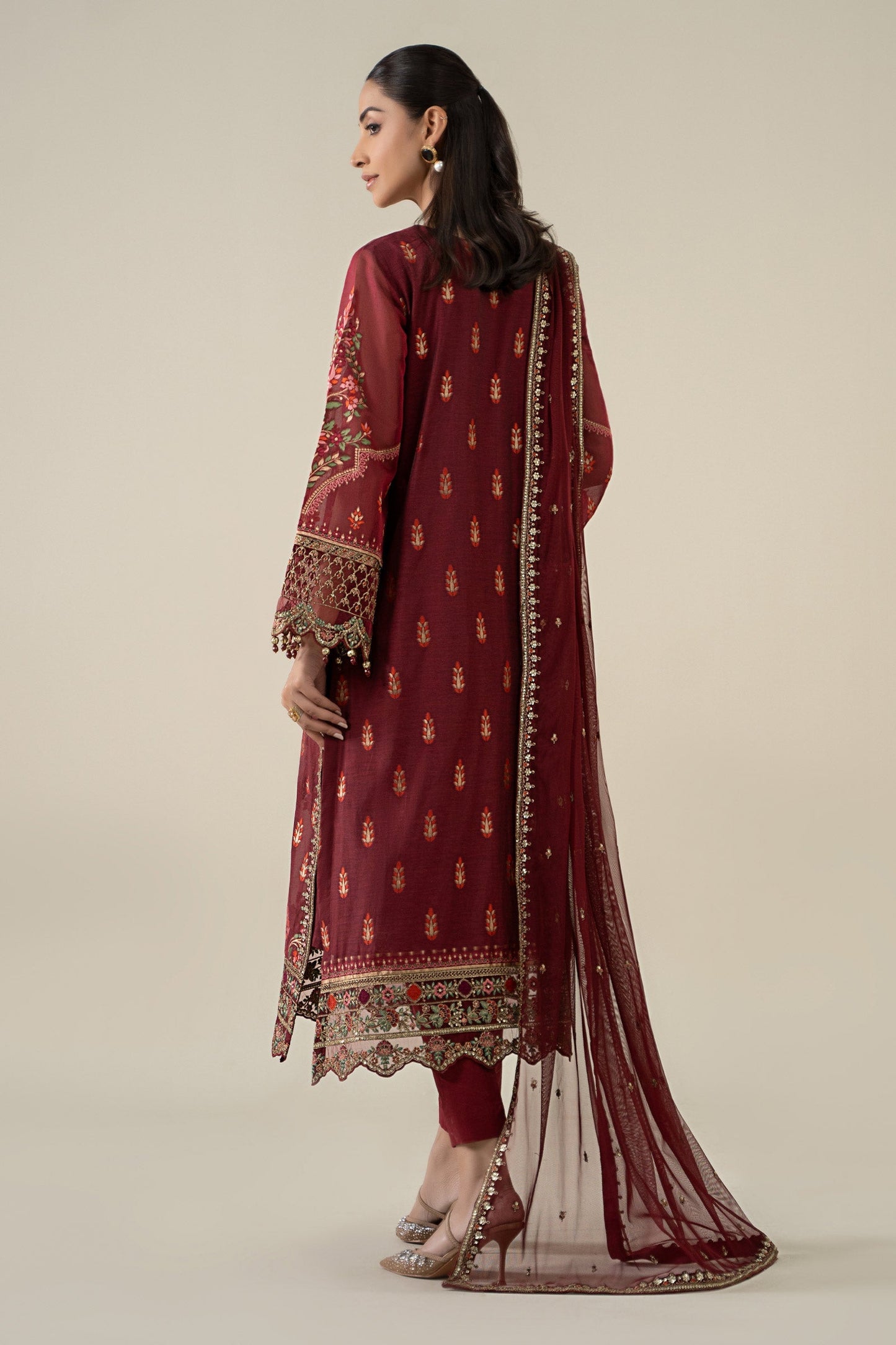 Maria B | Pre Fall Dresses | 3 Piece Embroidered Jacquard Suit Red - Ladies Clothes - Maria Faisal
