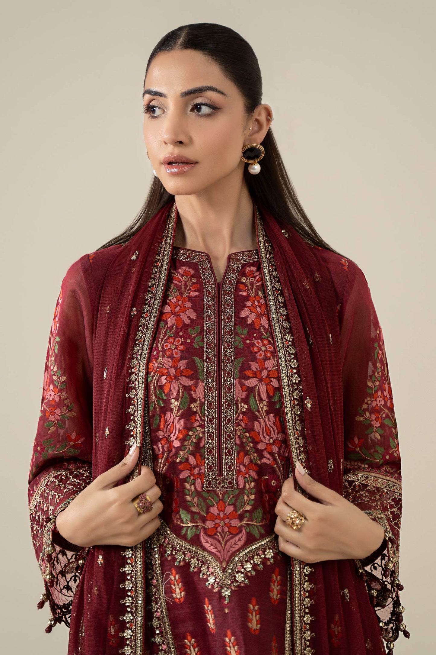 Maria B | Pre Fall Dresses | 3 Piece Embroidered Jacquard Suit Red - Ladies Clothes - Maria Faisal