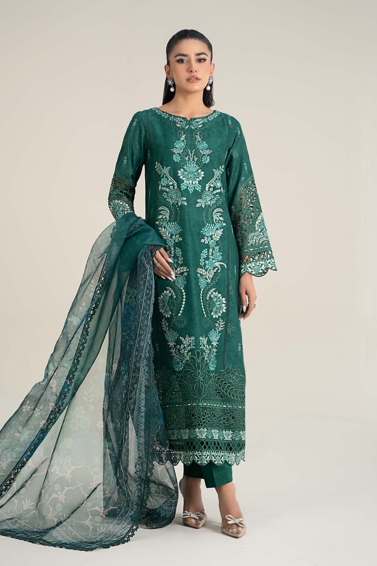 green emerald velvet dress Maria B.Unstitched Chiffon