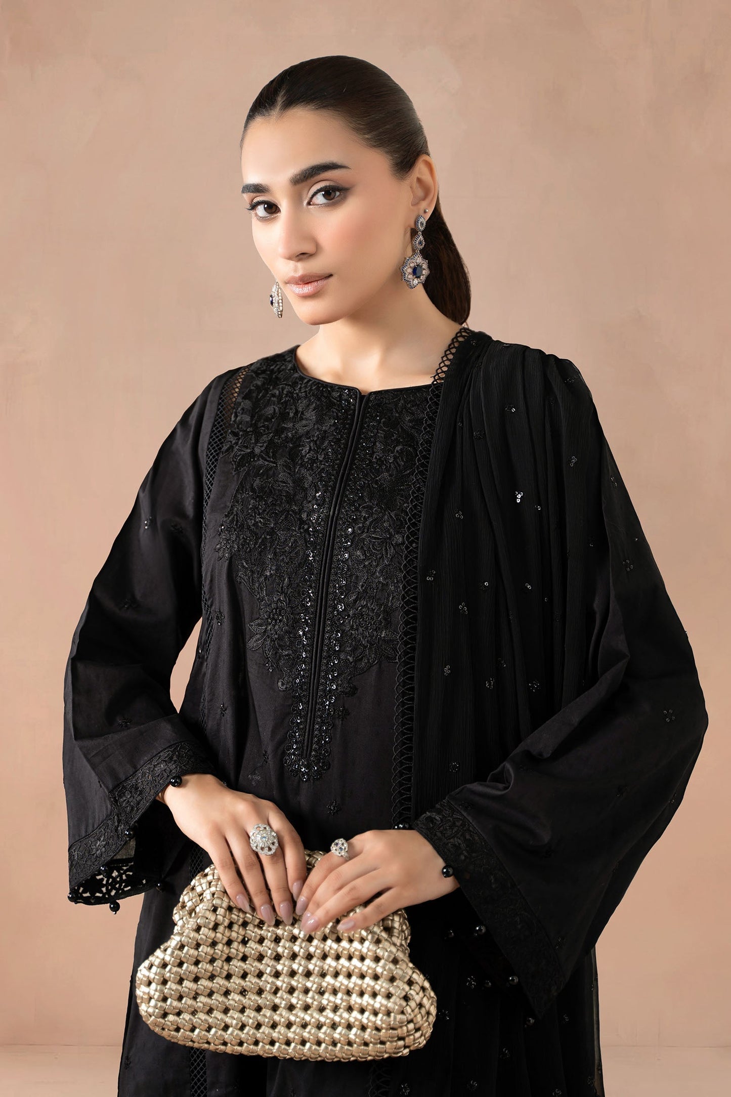 Maria B | Pre Fall Dresses | 3 Piece Embroidered Self Jacquard Suit Black1 - Ladies Clothes - Maria Faisal