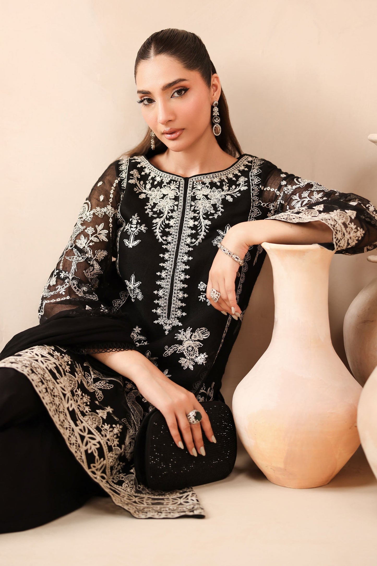 Maria B | Pre Fall Dresses | 3 Piece Embroidered Cotton Net Suit Black - Ladies Clothes - Maria Faisal
