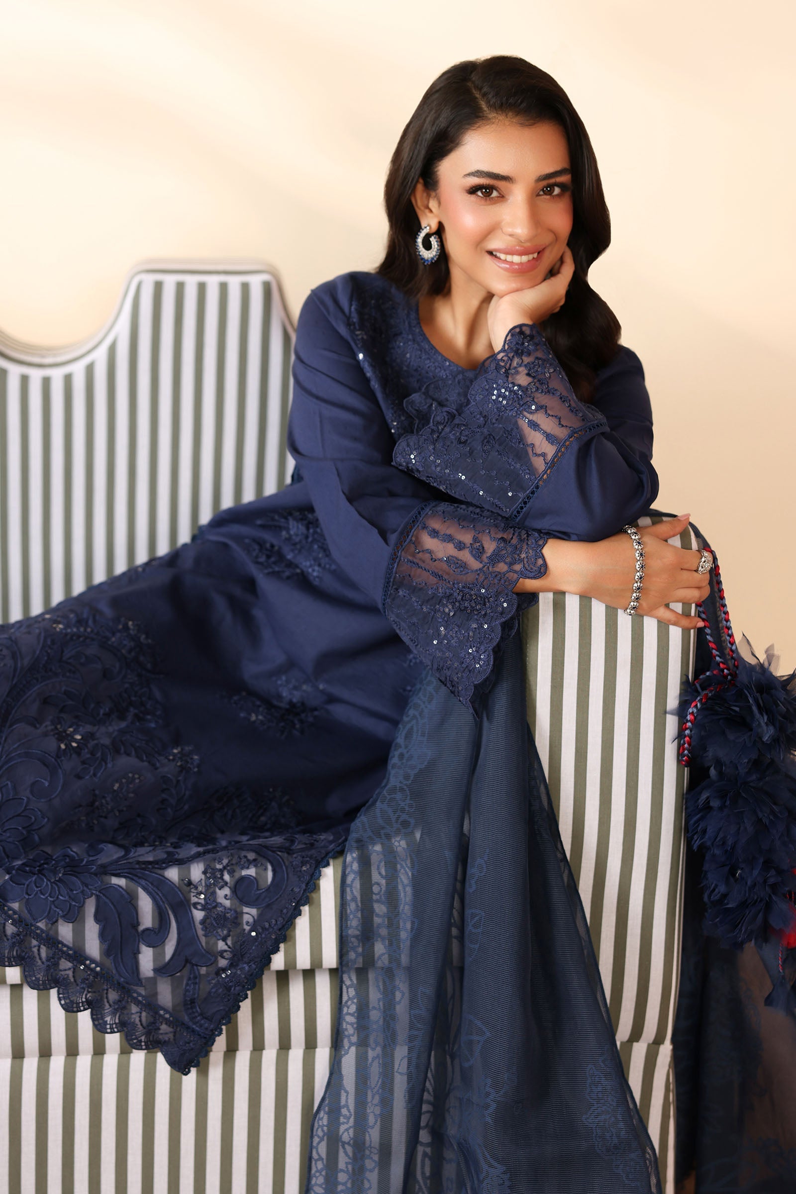 Maria B | Pre Fall Dresses | 3 Piece Embroidered Dobby Suit Navy Blue - Ladies Clothes - Maria Faisal