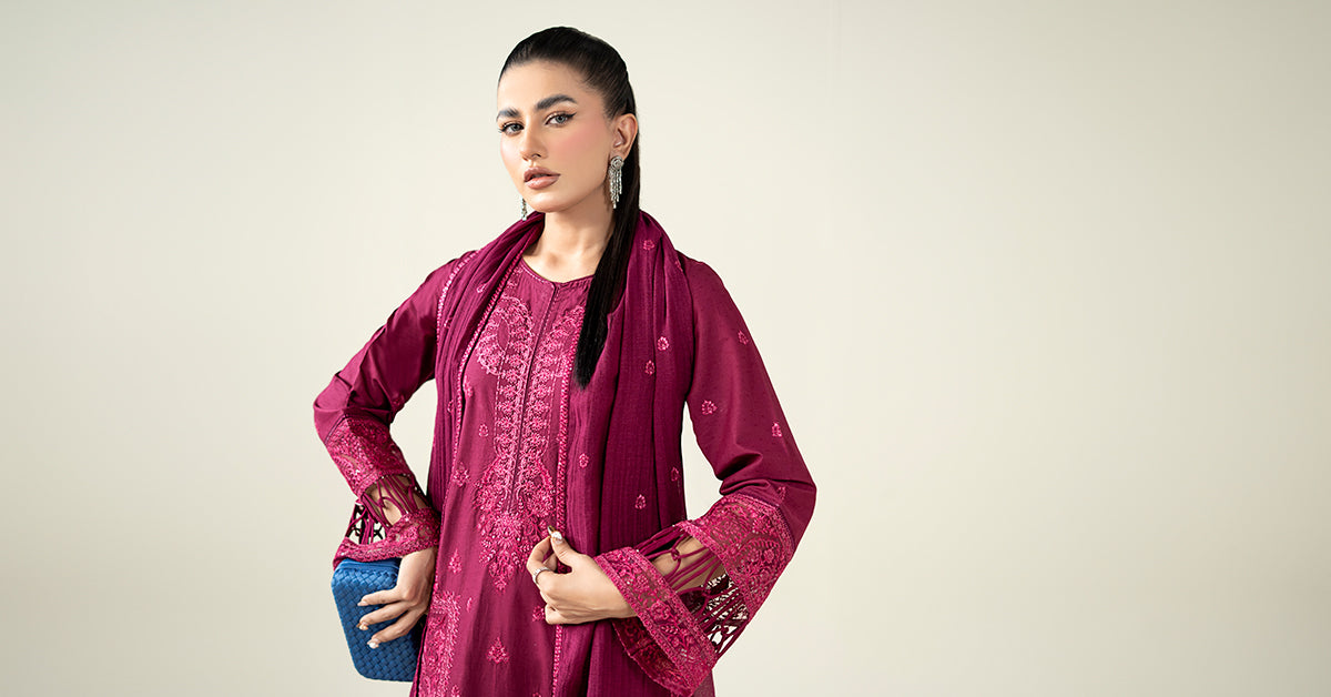 Maria B | Luxury Winter Pret 25 | DW-PF25-23-Magenta - Ladies Clothes - Maria Faisal