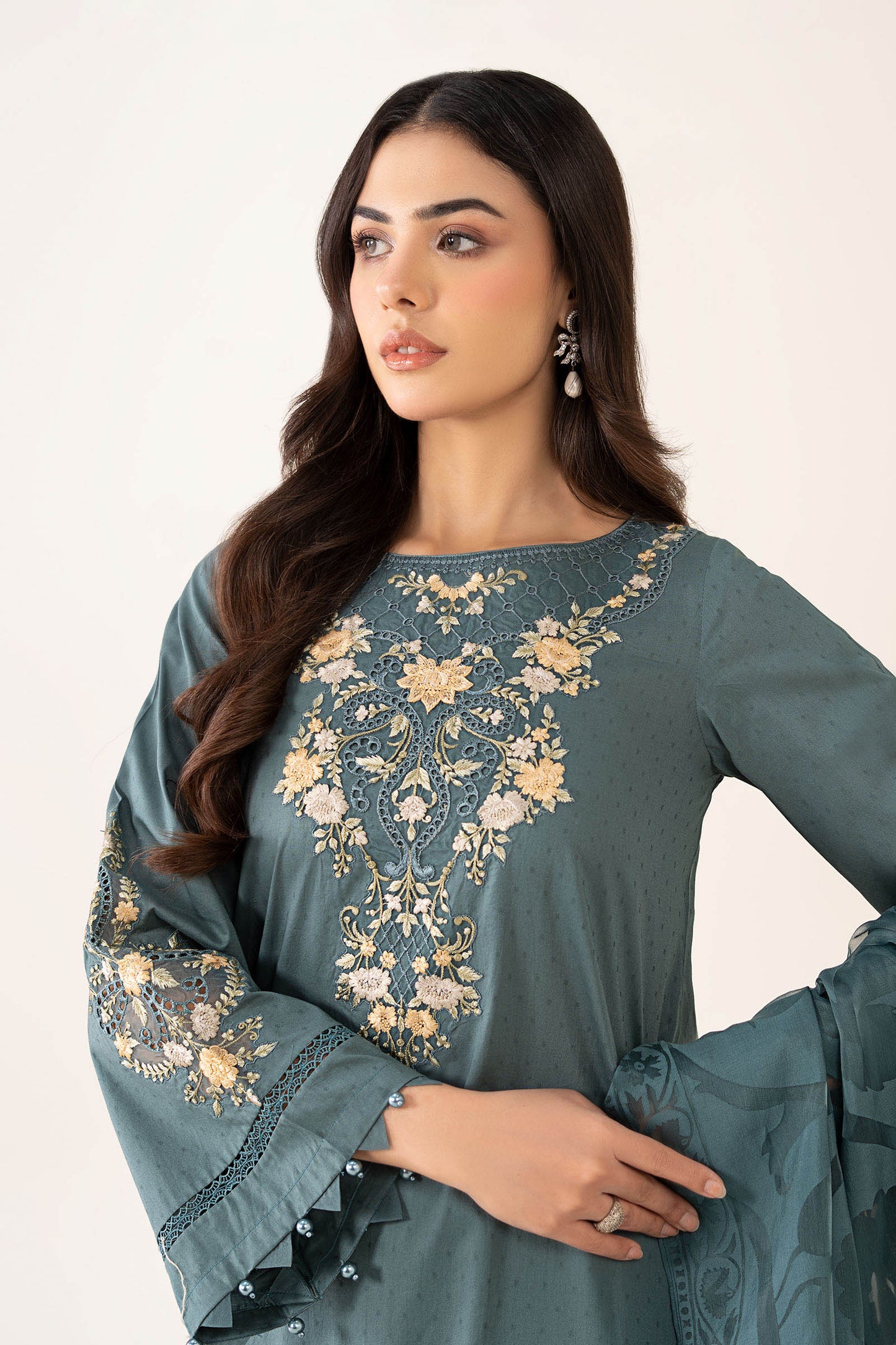 Maria B | Pre Fall Dresses | 3 Piece Embroidered Dobby Suit Teal - Ladies Clothes - Maria Faisal