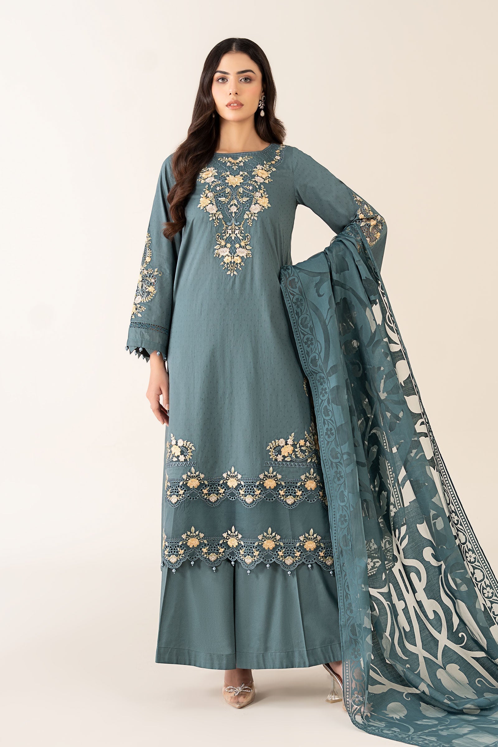 Maria B | Pre Fall Dresses | 3 Piece Embroidered Dobby Suit Teal - Ladies Clothes - Maria Faisal