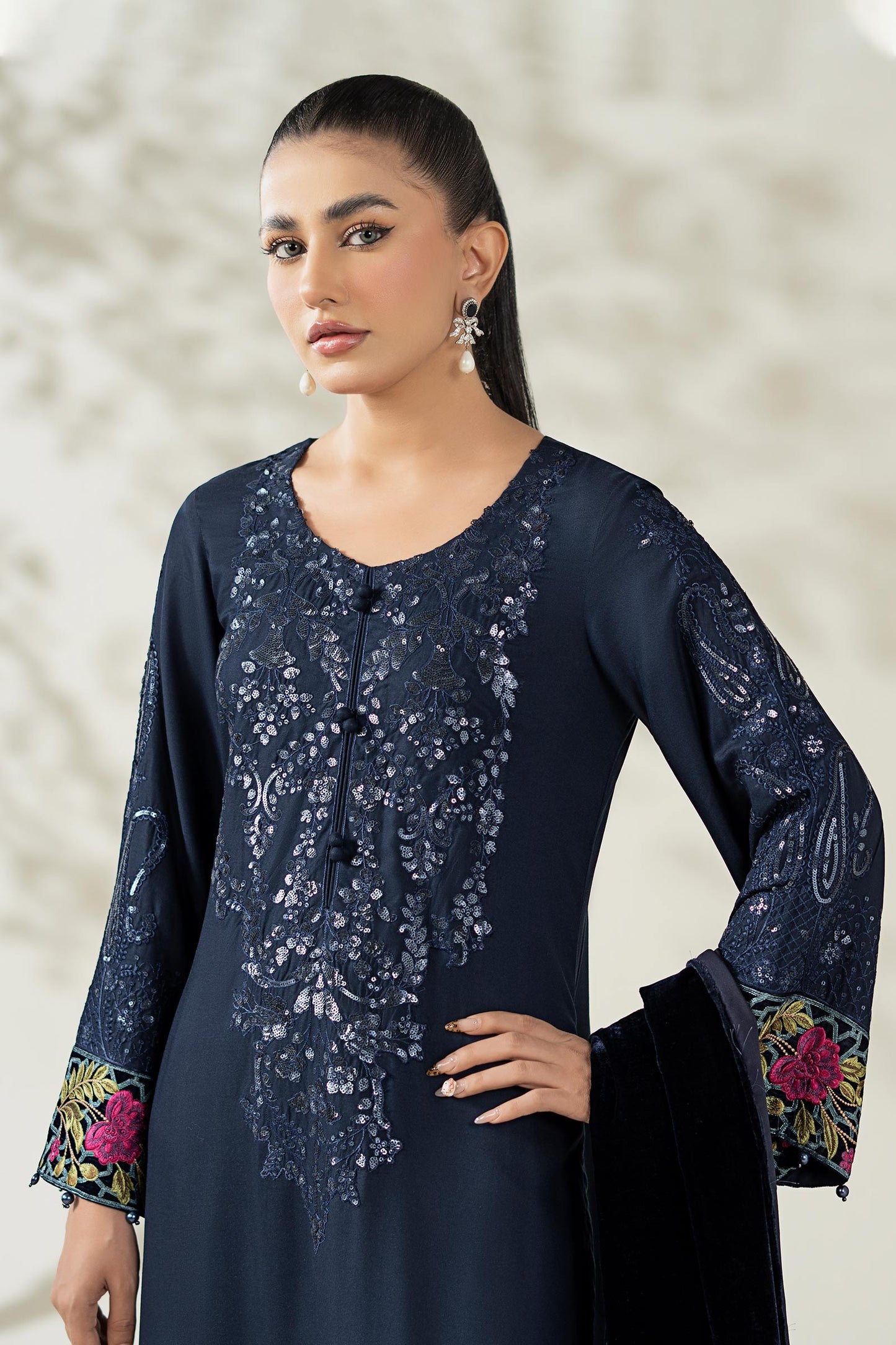 Maria B | Pre Fall Dresses | 3 Piece Embroidered Linen Suit VV - Ladies Clothes - Maria Faisal