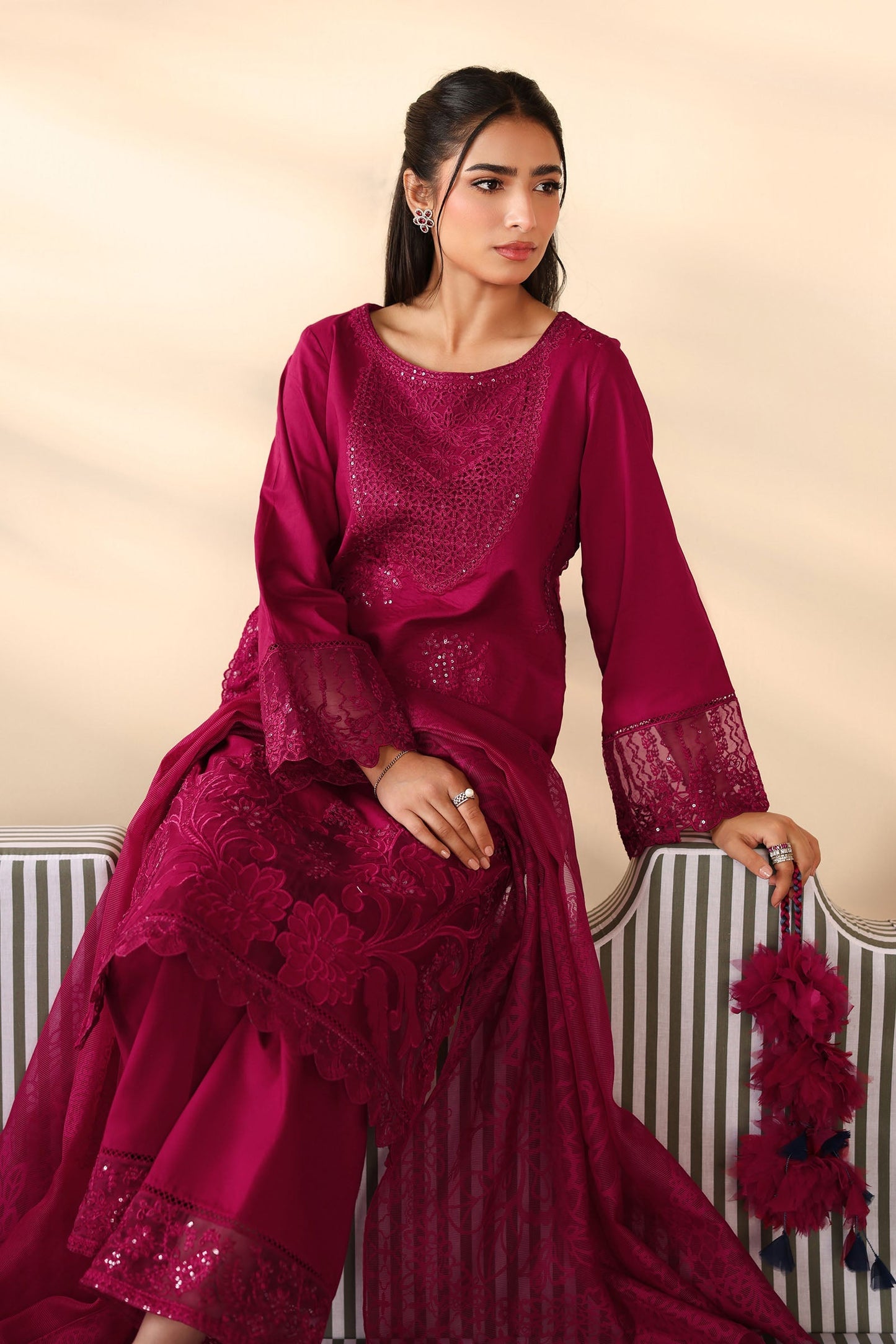 Maria B | Pre Fall Dresses | 3 Piece Embroidered Dobby Suit Maroon - Ladies Clothes - Maria Faisal