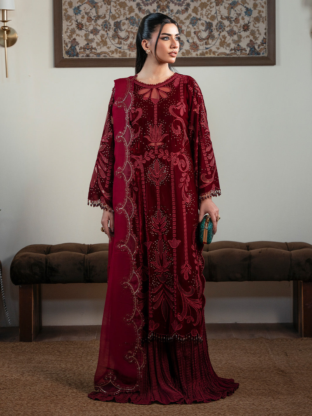 Faiza Faisal | Solene Luxury Velvets | ROUGE - Formal Dress - available at Maria Faisal in UK and USA.