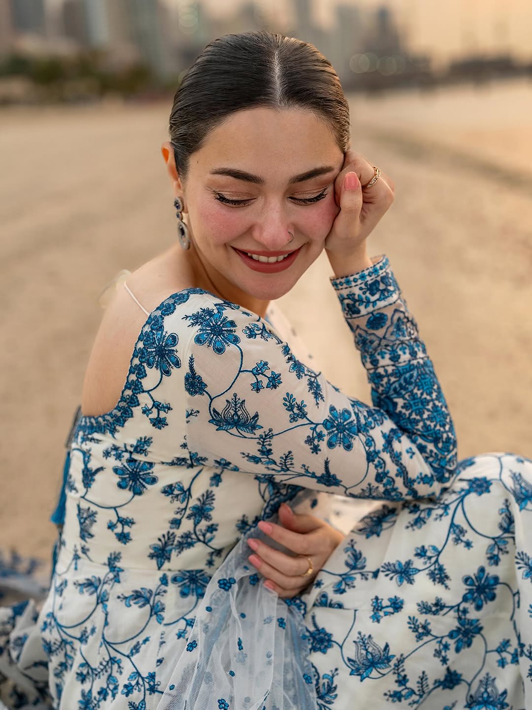 Hania Amir Wearing White and Blue Pishwas Anarkali Jehona from Faiza Saqlain Aya Luxury Lawn - Closeup Neckline - Available for women in UK and USA.