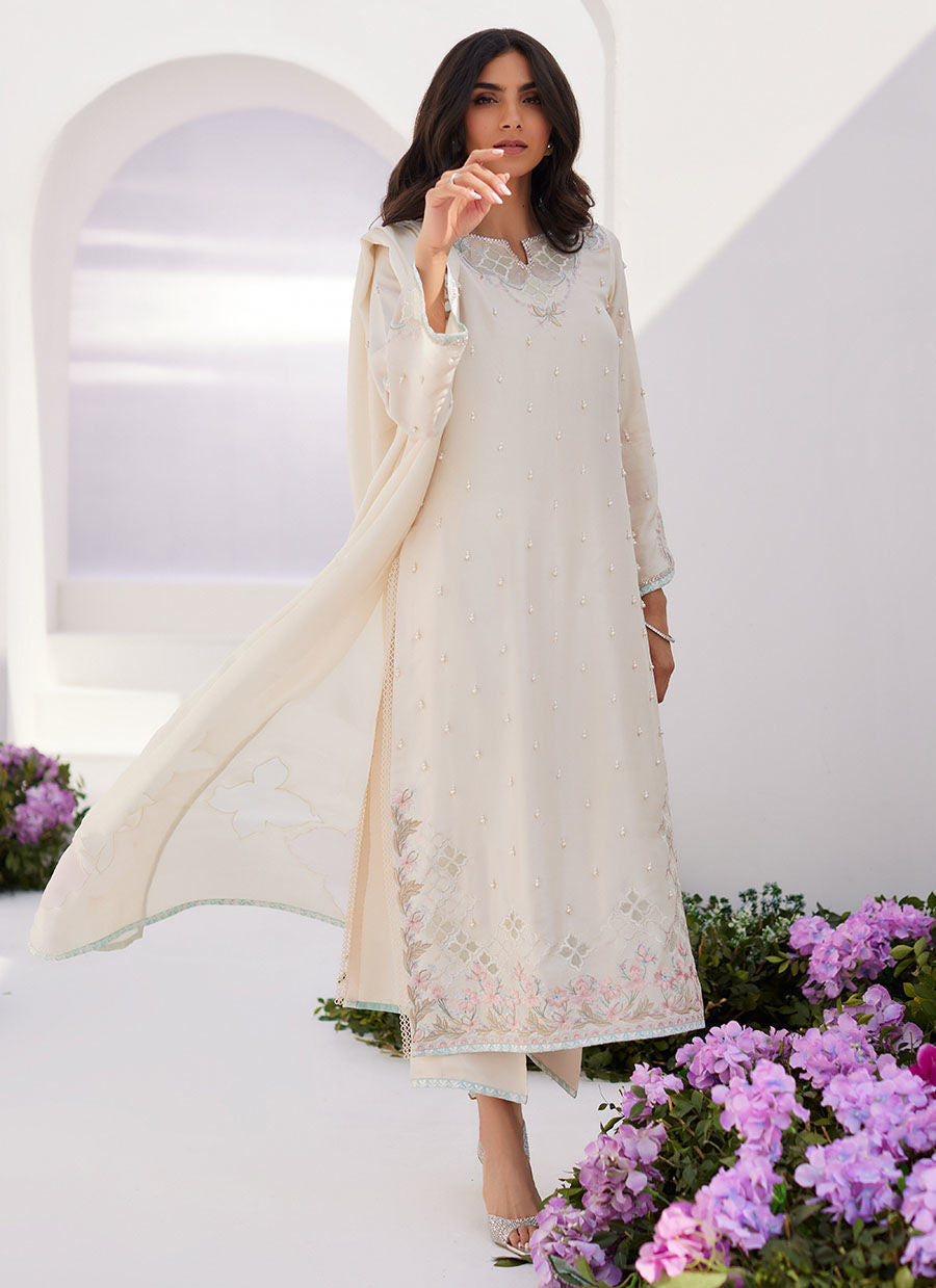 Farah Talib Aziz | Zaza Luxe Pret 24 | LYA IVORY EMBELLISHED RAW SILK SHIRT AND DUPATTA - Ladies Clothes - Maria Faisal