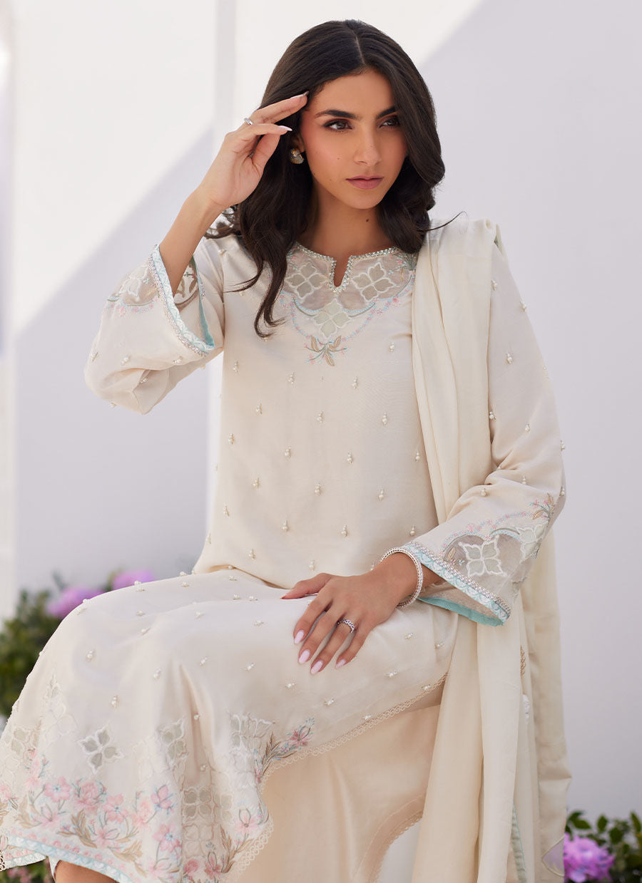 Farah Talib Aziz | Zaza Luxe Pret 24 | LYA IVORY EMBELLISHED RAW SILK SHIRT AND DUPATTA - Ladies Clothes - Maria Faisal
