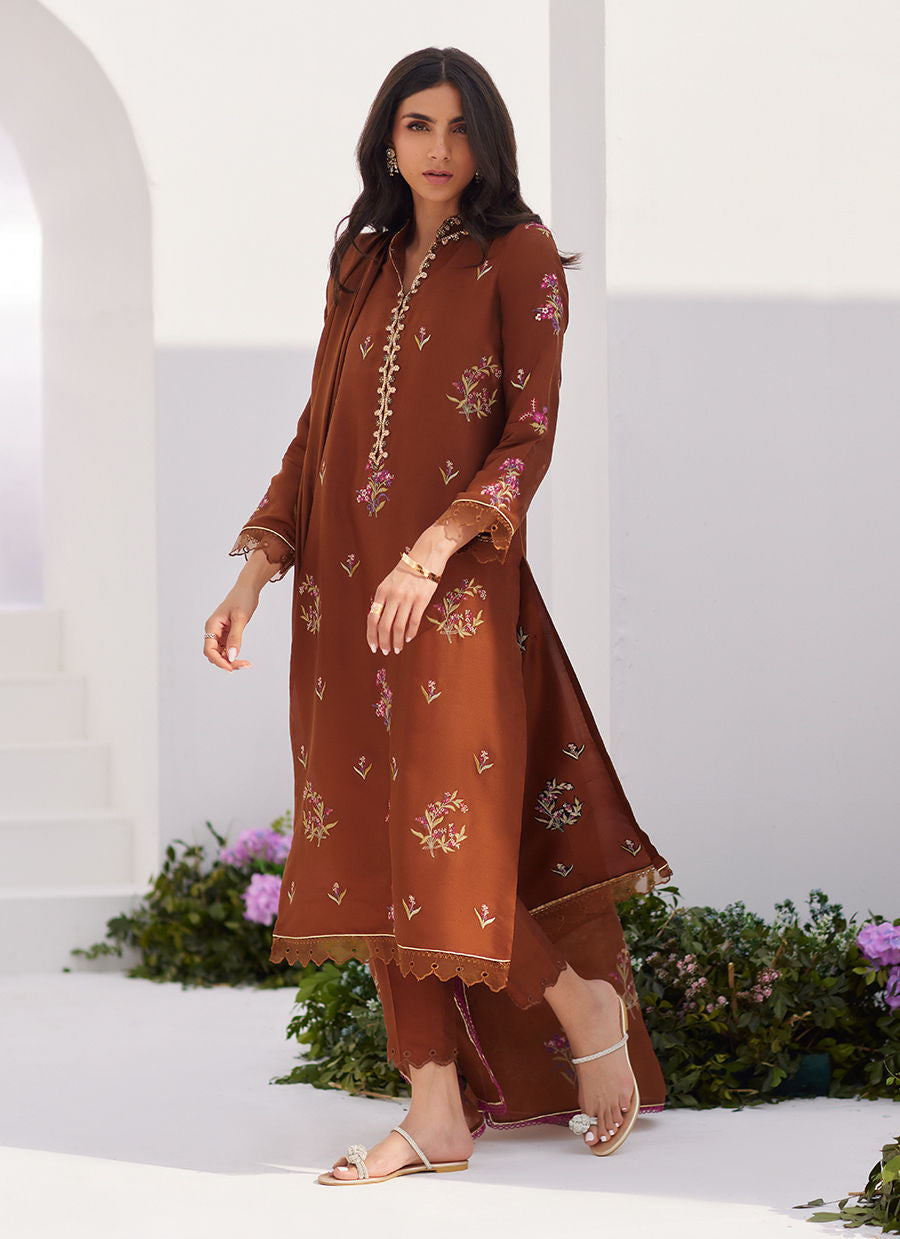 Farah Talib Aziz | Zaza Luxe Pret 24 | NOEMIE CHOCOLATE EMBROIDERED RAW SILK SHIRT AND DUPATTA - Ladies Clothes - Maria Faisal