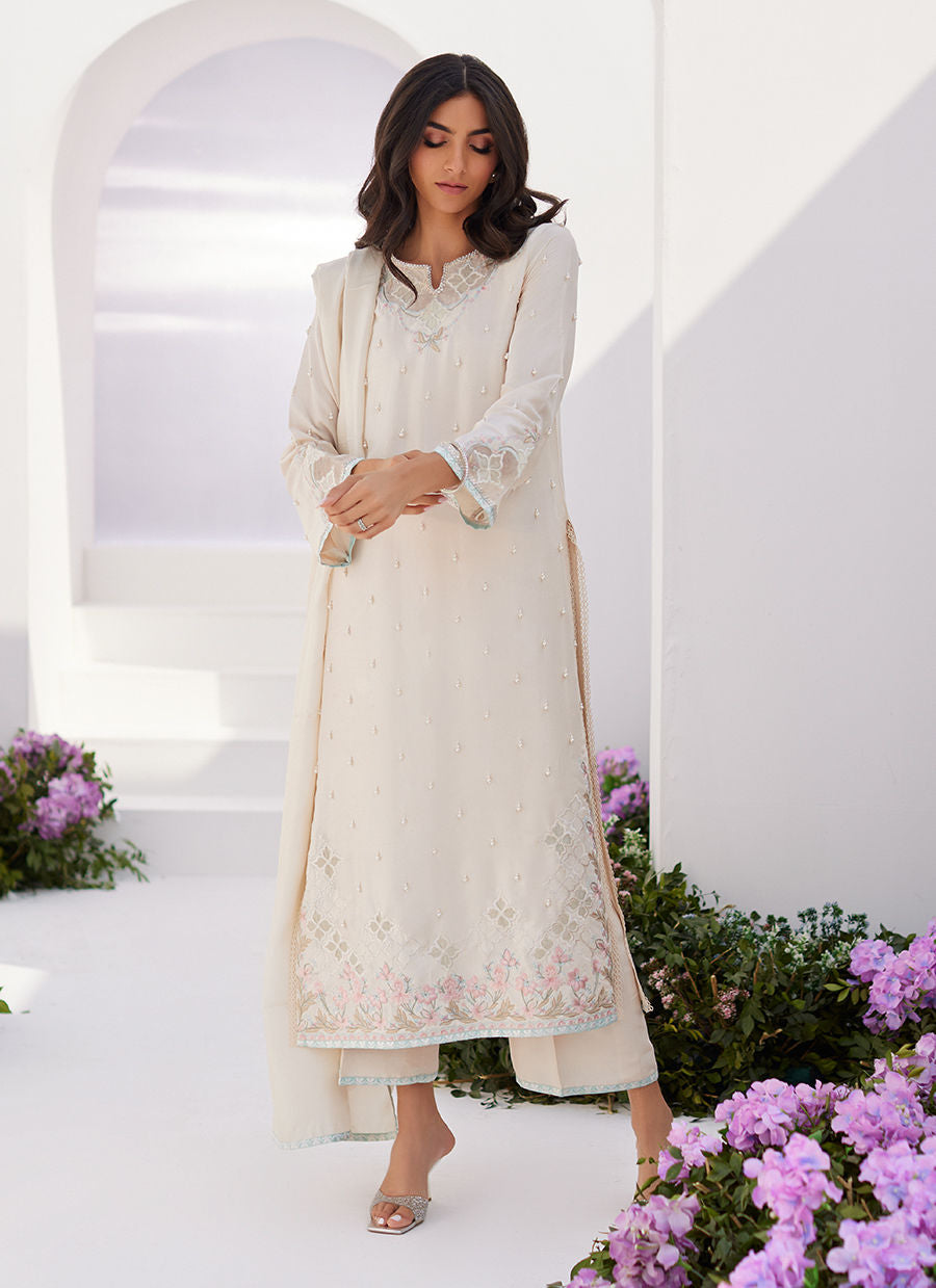 Farah Talib Aziz | Zaza Luxe Pret 24 | LYA IVORY EMBELLISHED RAW SILK SHIRT AND DUPATTA - Ladies Clothes - Maria Faisal