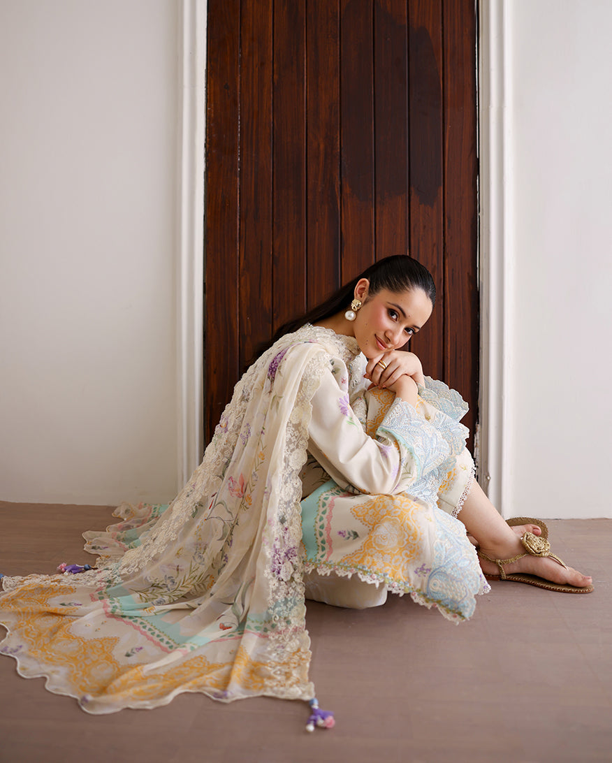 Roheenaz | Sunlit Tales Printed Embroidered Edit | Glowleaf - Luxury Dress - available at Maria Faisal in UK and USA.