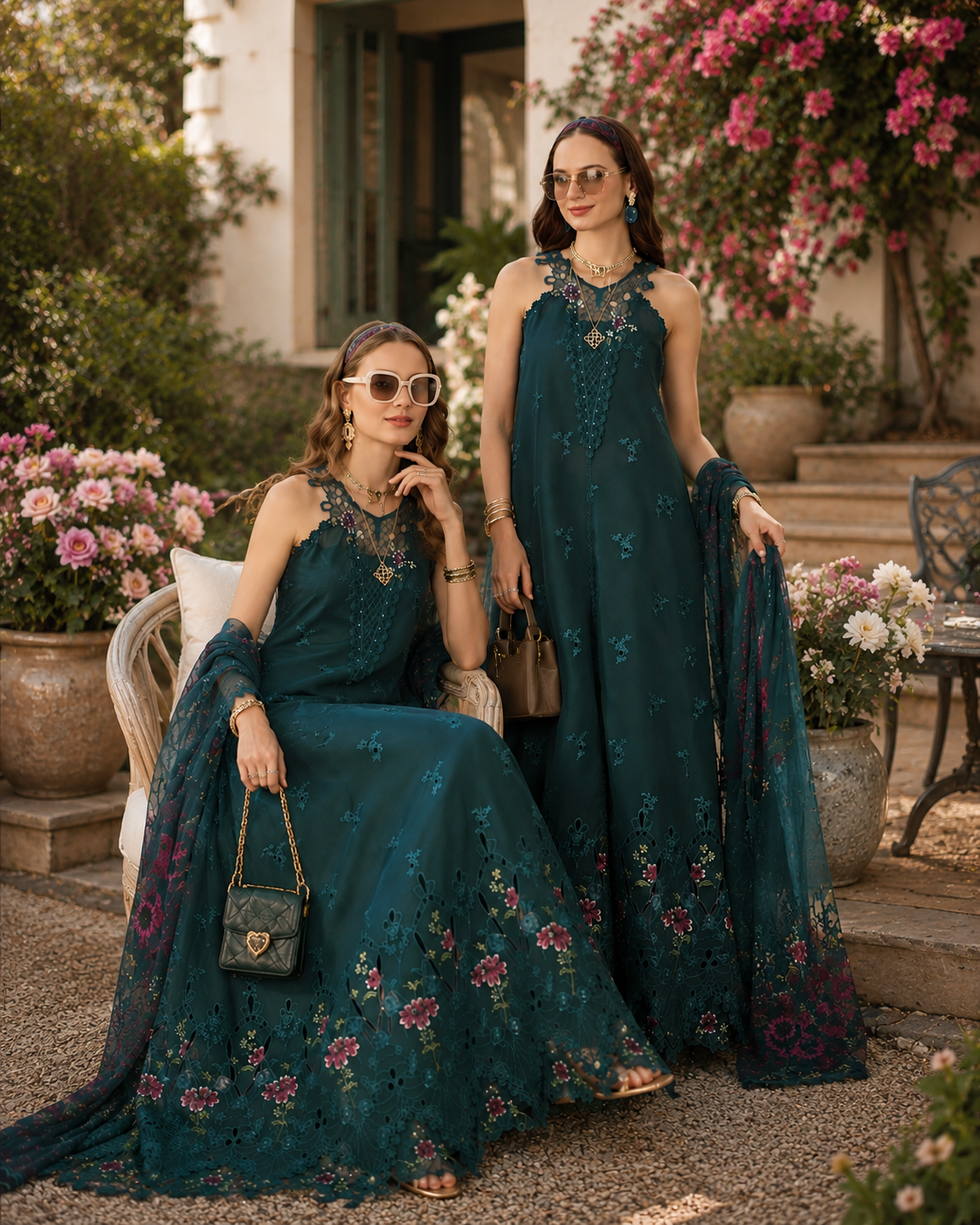 Noor by Saadia Asad | Noor Eid Printskhas 26 | D6 Coblat Teal - Luxury Dress - available at Maria Faisal in UK and USA.