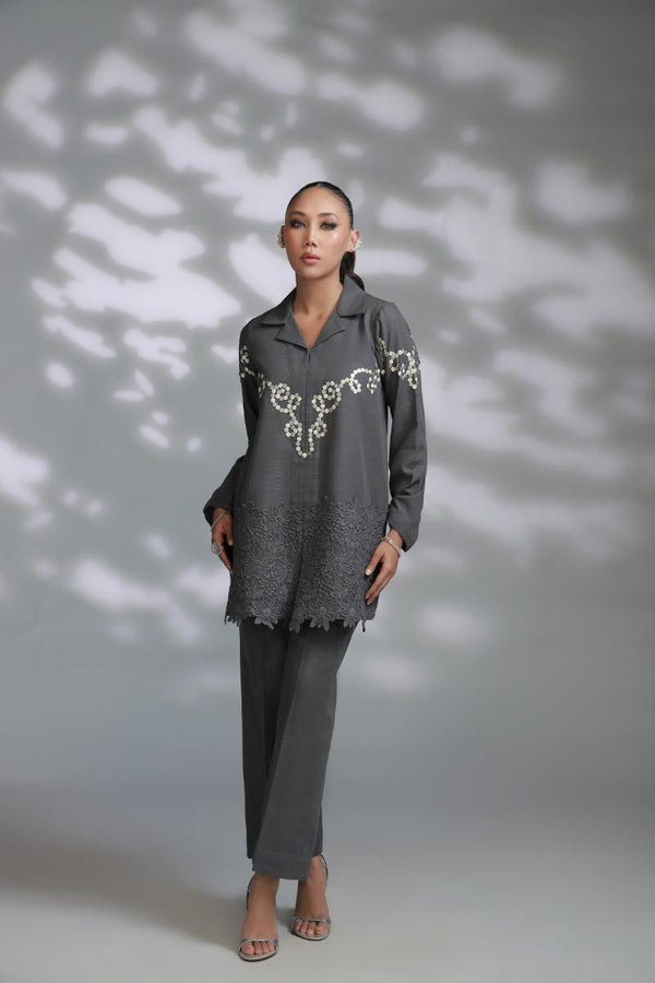 Sana Abbas | La Fiesta A W Pret | Mist - Dress - available at Maria Faisal in UK and USA.