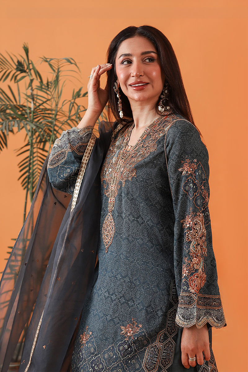 Shamaeel Ansari | Classic Luxe 26 | Imperial Teal - Luxury Dress - available at Maria Faisal in UK and USA.