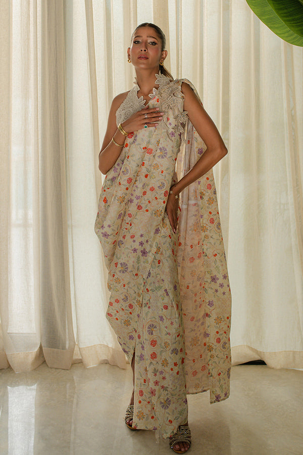 Mina Hassan | Signature Prints | Wrapped Goddess Stitched Saree - Ladies Clothes - Maria Faisal