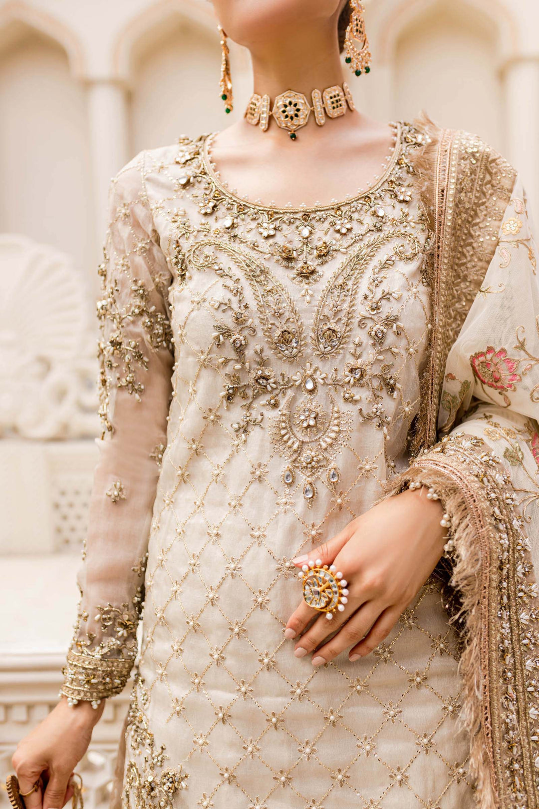 Maria B | Bridal Couture | Ivory Gold MC-906 - Designer Dress with Intricate embroidery and embellishments. Shop elegent wedding dress at Maria Faisal.