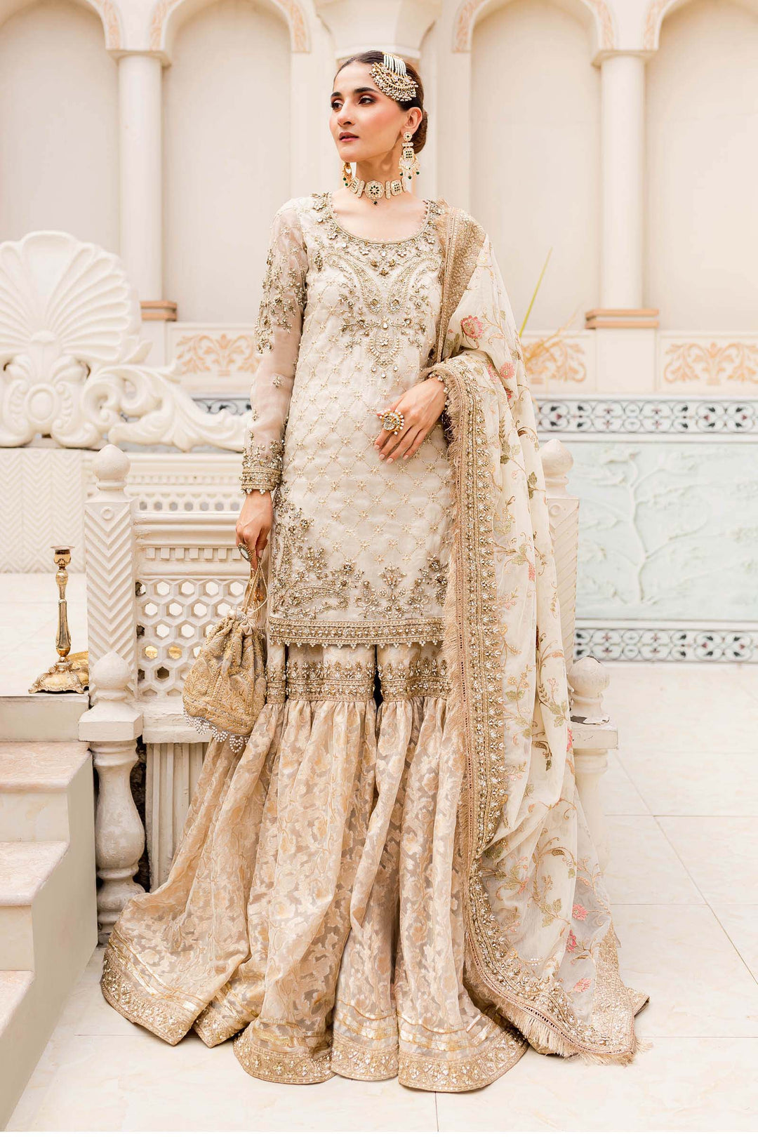 Maria B | Bridal Couture | Ivory Gold MC-906 - Designer Dress with Intricate embroidery and embellishments. Shop elegent wedding dress at Maria Faisal.