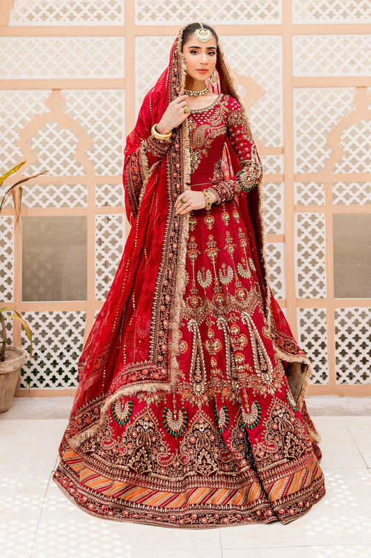 Maria B | Bridal Couture | Deep Red MC-907 - Designer Dress with Intricate embroidery and embellishments. Shop elegent wedding dress at Maria Faisal.